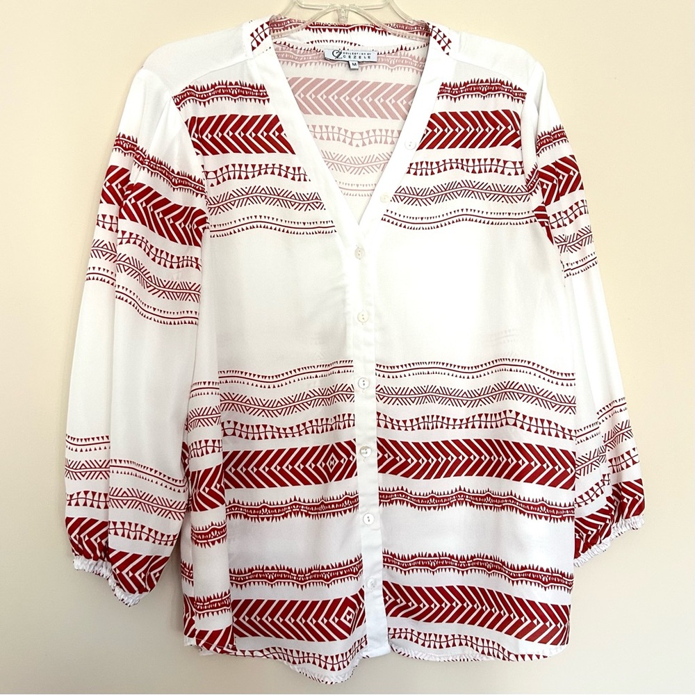 Cezele Women’s White Button Down Shirt with Red Geo Stripe